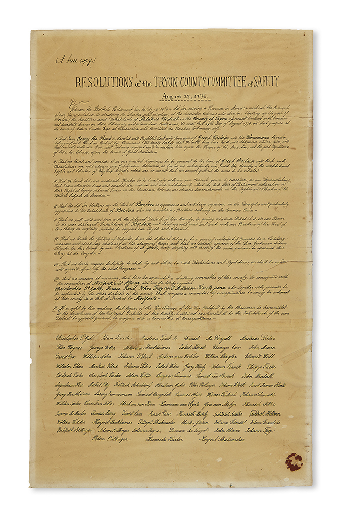 (AMERICAN REVOLUTION--PRELUDE.) Resolutions of the Tryon County Committee of Safety, August 27, 1774.